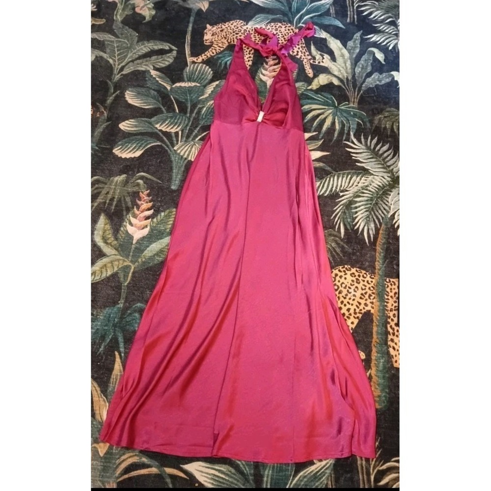 One and Only Collective Halter Maxi Dress Open Back Fuchsia Pink Satin Sz L